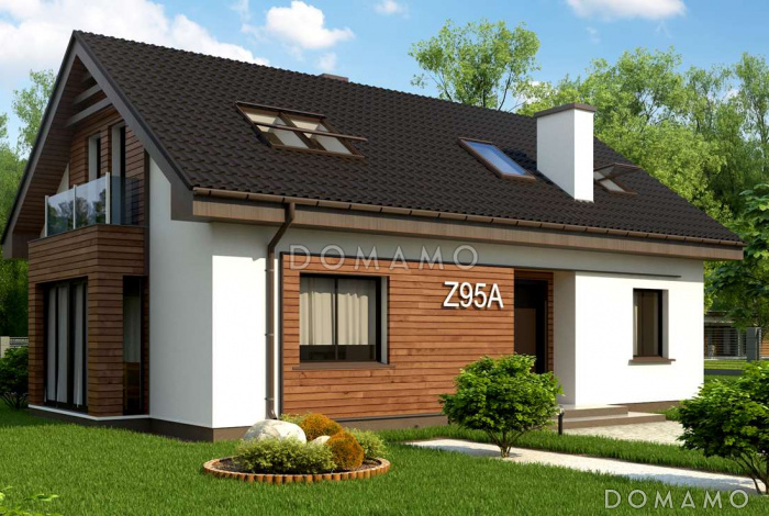 Проект классического мансардного дома из газобетона с дополнительной спальней на первом этаже, с эркером и с деревянными фасадами