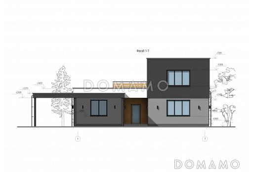 Проект большого дома с навесом для автомобилей, 2 спальнями и кабинетом на втором уровне / Фасад 1