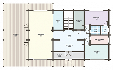 Проект дома из клееного бруса с мансардным этажом, огромной террасой и кабинетом на первом этаже / План 1 этажа