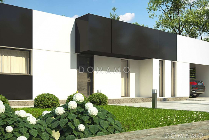 Проект современного одноэтажного дома из газобетона с плоской крышей, с тремя спальнями, террасой и навесом для двух автомобилей 