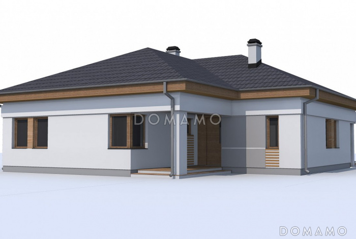 Проект одноэтажного дома из кирпича с дневной зоной в тыльной части дома и выходом на большую террасу