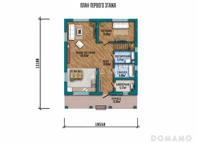 Проект дома с террасой и балконом / План 1 этажа