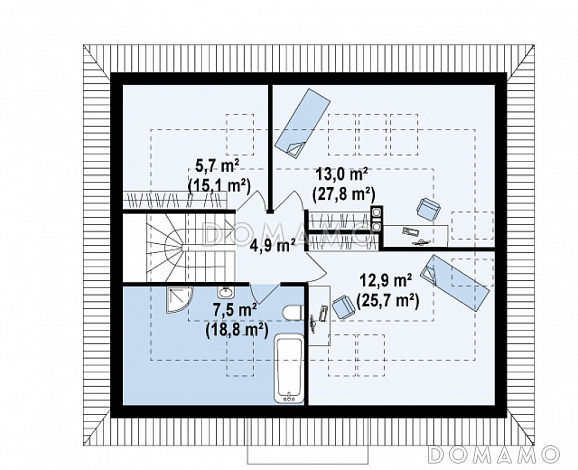 Проект одноэтажного мансардного дома из кирпича с дополнительной комнатой и кабинетом на первом этаже / План мансардного этажа
