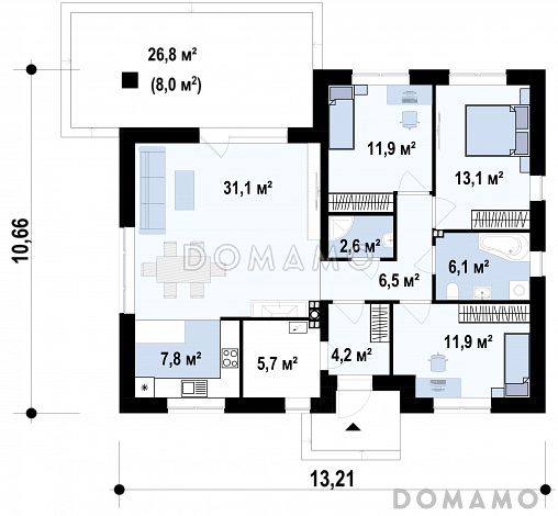 Проект компактного кирпичного дома с 3 спальнями, просторной гостиной и открытой террасой / План 1 этажа