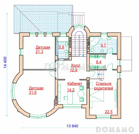 Проект коттеджа с круглой гостиной и гаражом / План 2 этажа