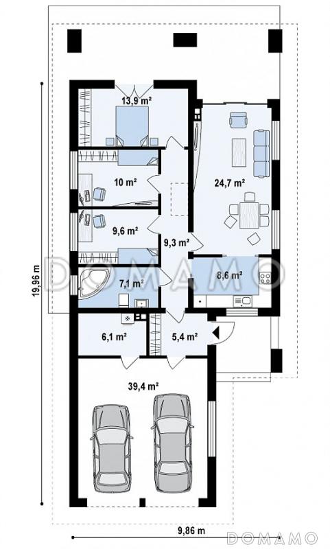 Проект одноэтажного дома из кирпича с тремя спальнями, гаражом на два автомобиля и уютной крытой террасой / План 1 этажа
