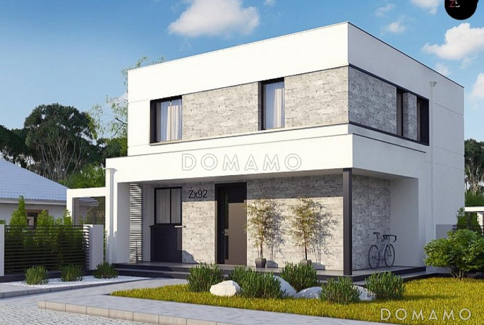 Проект двухэтажного дома со светлой гостиной, кладовой в кухне, спальней на первом этаже, мастер-спальней