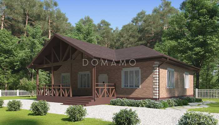 Проект одноэтажного дома из газобетона с верандой, кухней-столовой, тремя спальнями