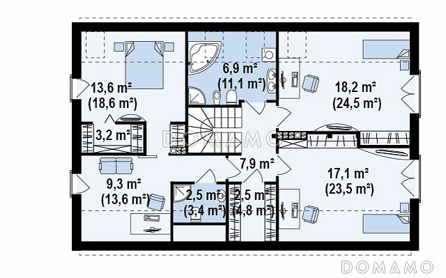 Проект просторного современного одноэтажного мансардного дома из газобетона с большой кухней-столовой, четырьмя комнатами и гаражом  / План мансардного этажа