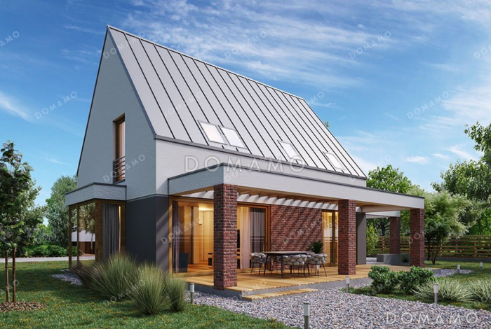 Проект дома с мансардой и навесом для авто