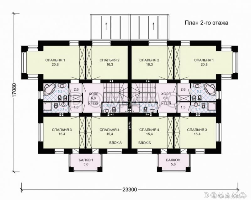 Проект двухэтажного дома для двух семей с зимним садом / План 2 этажа