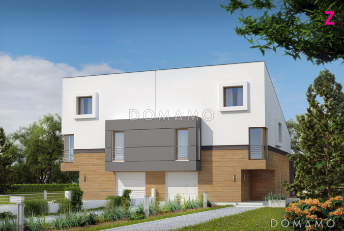 Проект мансардных домов-близнецов из кирпича современного дизайна с гаражом и террасой на втором этаже