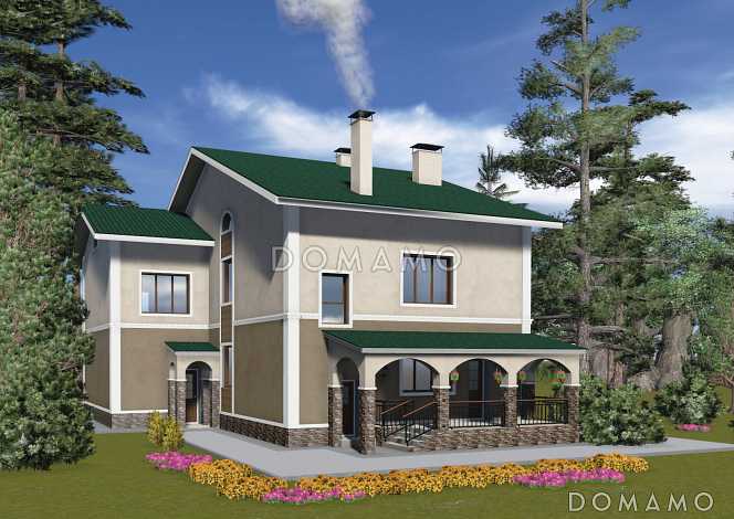 Проект двухэтажного коттеджа с цоколем, с гаражом и отдельным входом в кабинет