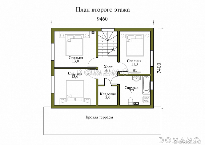 Проект двухэтажного дома с крытой и открытой террасами / План мансардного этажа