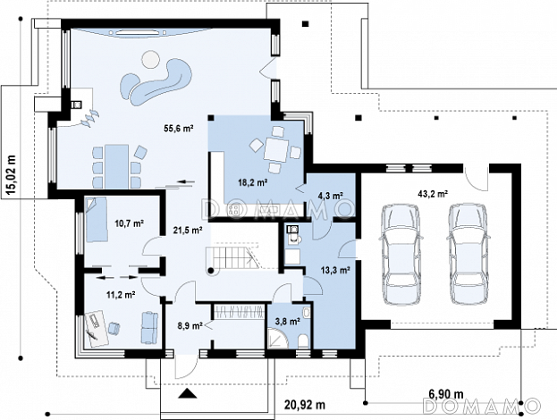 Проект просторного одноэтажного мансардного дома из газобетона с пятью комнатами, балконом и гаражом / План 1 этажа