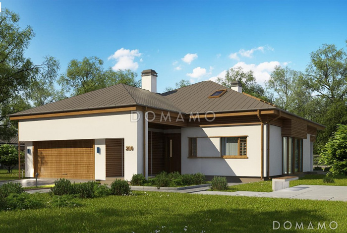 Проект одноэтажного мансардного дома из кирпича со стеклянным эркером и гаражом на два автомобиля