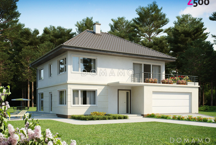 Проект современного просторного двухэтажного дома из кирпича с гаражом и террасой над ним