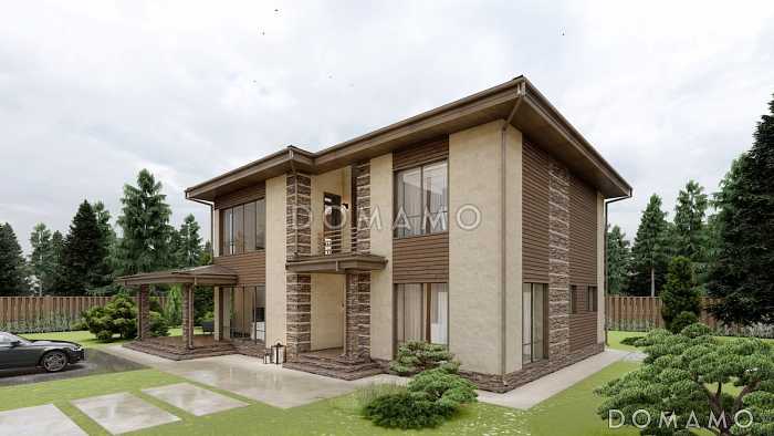 Проект двухэтажного дома с 3 спальнями, крытой террасой и панорамными окнами