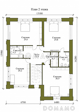 Проект двухэтажного дома с гостевой, гостиной и кухней столовой на первом этаже / План 2 этажа