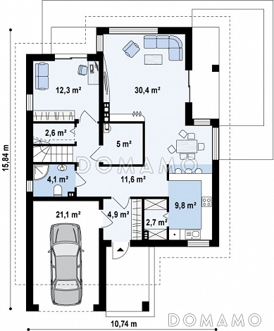 Проект одноэтажного мансардного дома из газобетона с гаражом и тремя спальнями и балконом / План 1 этажа