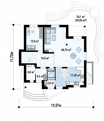 Проект загородного дома с подвалом, просторной гостиной и кухней, балконами, кабинетом / План 1 этажа