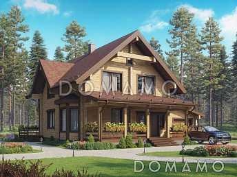 Проект двухэтажного деревянного дома с двумя террасами и гаражом на 1 автомобиль