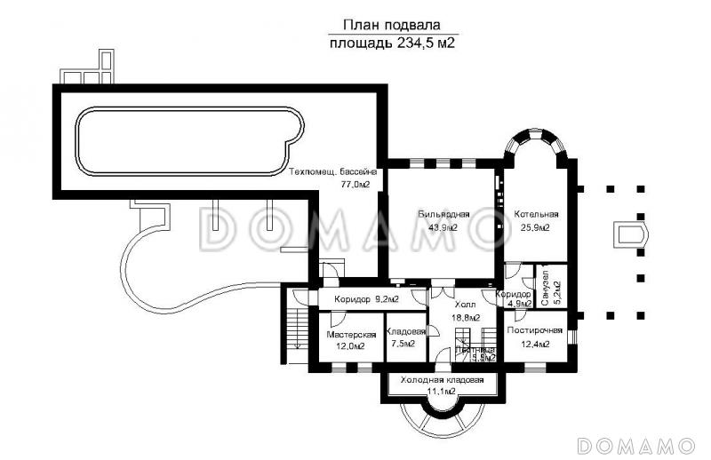 Проект загородного дома с пристроенным задним бассейна из светопрозрачных конструкций / План цокольного этажа