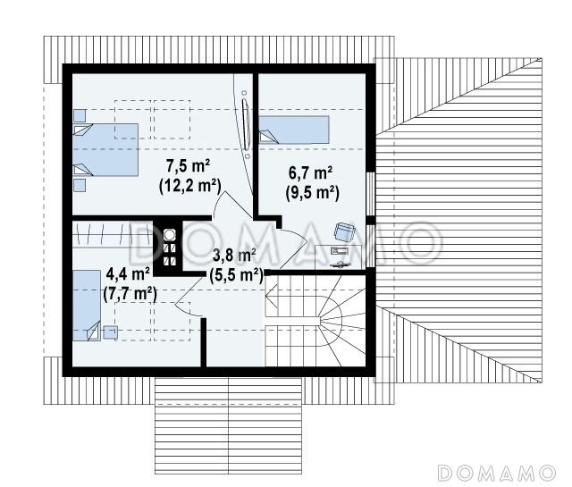 Проект компактного мансардного дома из газобетона с тремя спальнями и крытой террасой / План мансардного этажа