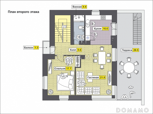 Проект загородного дома с навесом на две машины, крытой террасой, техническими помещениями на первом этаже / План 2 этажа