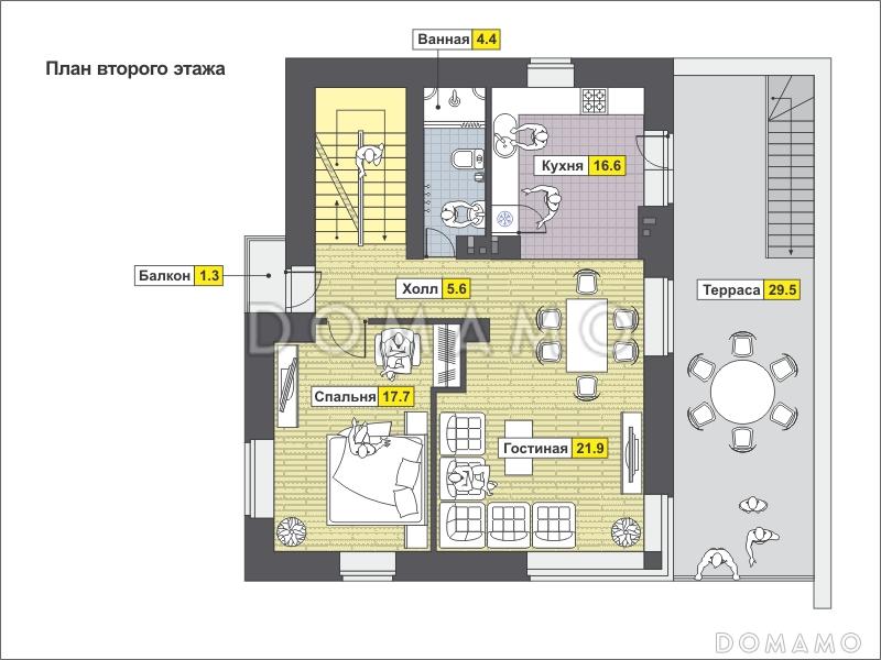 Проект загородного дома с навесом на две машины, крытой террасой, техническими помещениями на первом этаже / План 2 этажа