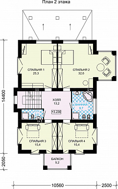 Проект двухэтажного особняка из газобетона с мансардой, балконом и террасой / План 2 этажа