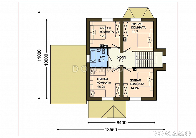 Проект бежевого оштукатуренного коттеджа с гаражом и эркером в гостиной / План мансардного этажа