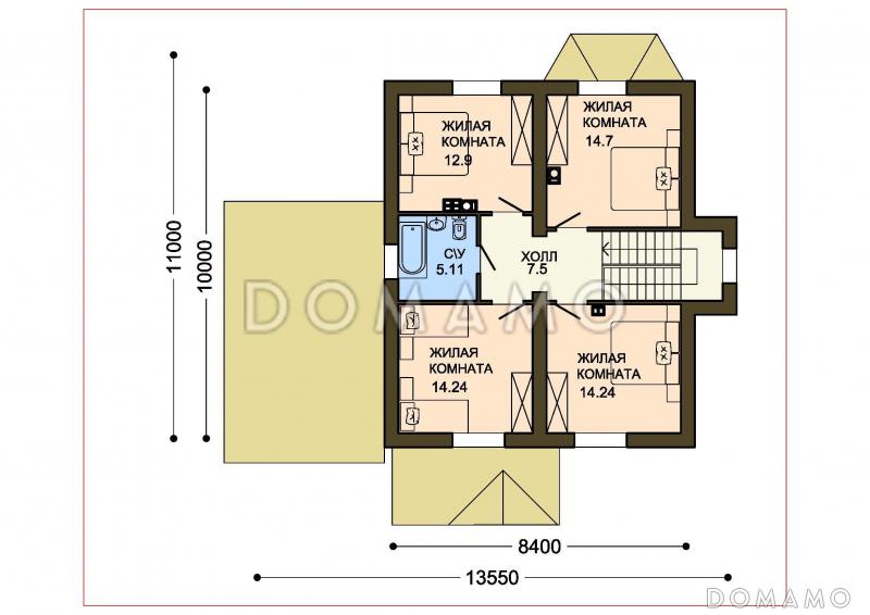 Проект бежевого оштукатуренного коттеджа с гаражом и эркером в гостиной / План мансардного этажа