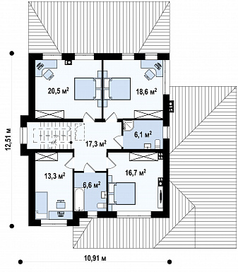 Проект загородного дома с круглым окном, гаражом, просторной дневной зоной,  спальней и комнатой отдыха на первом этаже / План 2 этажа