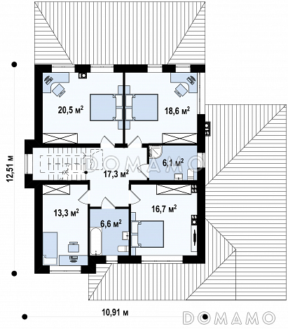 Проект загородного дома с круглым окном, гаражом, просторной дневной зоной,  спальней и комнатой отдыха на первом этаже / План 2 этажа