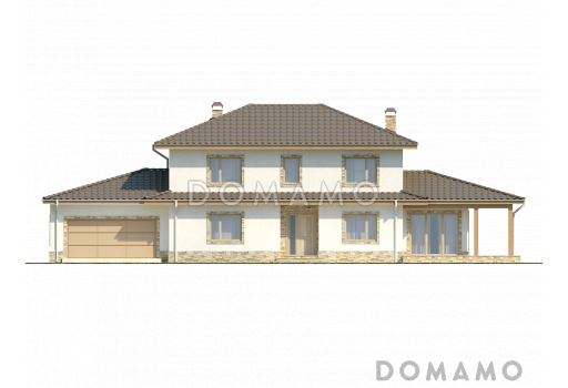 Проект красивого просторного двухэтажного коттеджа из газобетона с крытой террасой и гаражом / Фасад 1