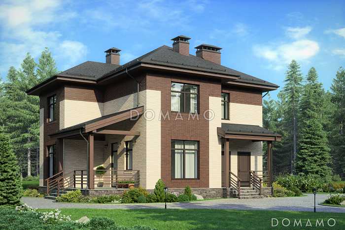 Проект дома с небольшой крытой террасой, эркерами, гостевой на первом этаже, кладовой под лестницей, кабинетом