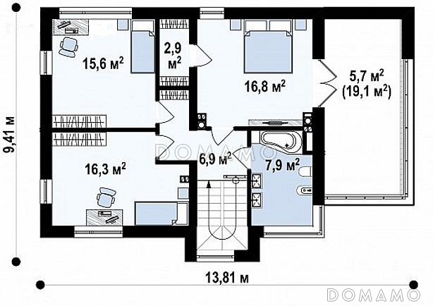 Проект двухэтажного дома с гаражом, кладовой, ванной с угловым окном, террасой / План 2 этажа