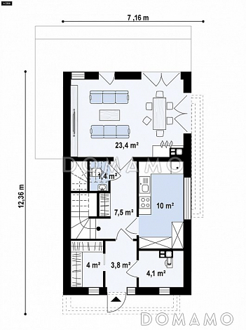Проект двухэтажного дома из газобетона в стиле кубизм с балконом / План 1 этажа
