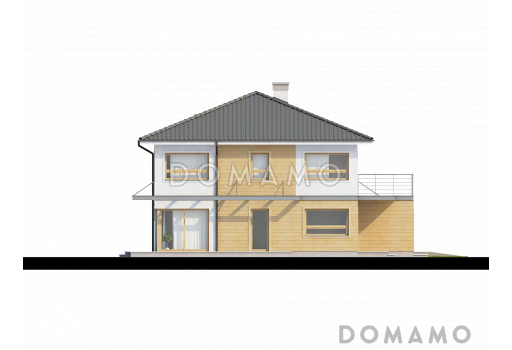 Проект двухэтажного дома из газобетона, адаптированный для сейсмозоны с четырьмя спальнями и удлинённым двухместным гаражом / Фасад 2