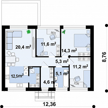 Проект элегантного загородного дома с помещениями на одном этаже, двухскатной крышей, тремя спальнями, кладовой на кухне / План 1 этажа