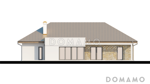 Проект одноэтажного дома из кирпича с прямоугольным эркером в современном архитектурном исполнении и со встроенным гаражом / Фасад 4