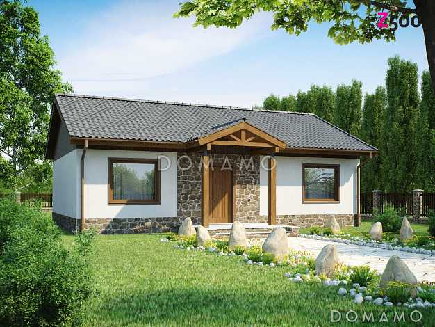 Проект компактного одноэтажного дома из кирпича с двумя спальнями и просторной гостиной