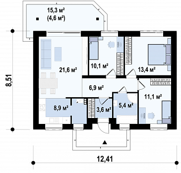 Проект одноэтажного дома из газобетона с 3 спальнями и светлой гостиной / План 1 этажа