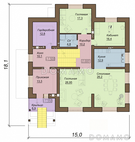 Проект двухэтажного коттеджа с цокольным этажом, гаражом и парной / План 1 этажа
