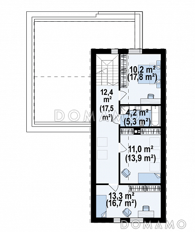 Проект загородного дома с двухскатной крышей, гаражом, просторной гостиной, кладовой в кухне / План мансардного этажа