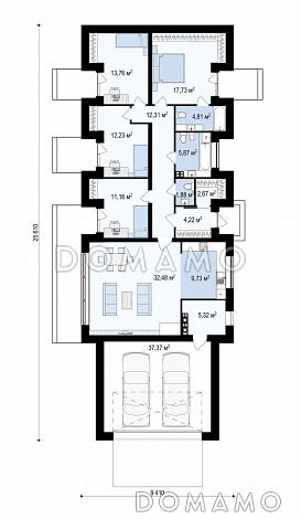 Проект комфортного одноэтажного дома из кирпича с четырьмя спальнями и гаражом на два автомобиля / План 1 этажа