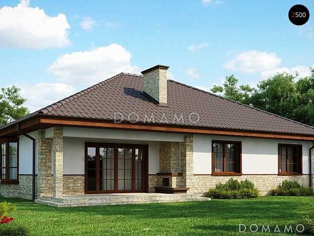 Проект одноэтажного дома с подвалом, эркером в гостиной, тремя спальнями