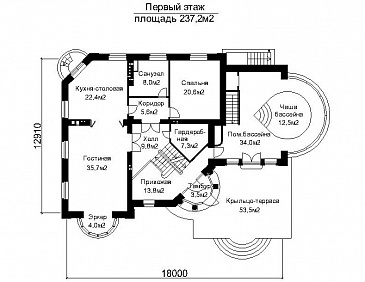 Проект дома с открытой террасой главного входа и пристроенным бассейном   / План 1 этажа