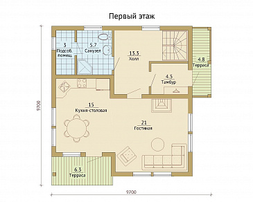 Проект каркасного дома с двумя балконами на мансардном этаже / План 1 этажа